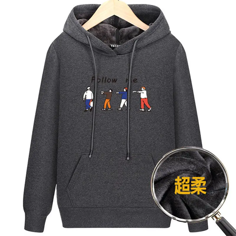 Autumn Winter Plush Thicken 95% Cotton Hoodies Men Sweatshirt Wool Liner Pullover Follow Me Women Print Harajuku Loose Coat Gray