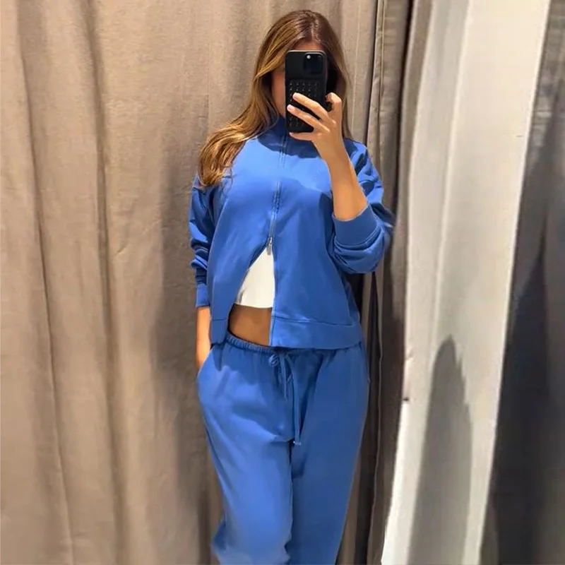 Damen-Hosen-Sets mit Stehkragen, Langarm-Reißverschlussjacken, Kordelzug-Taille, Gerade Hosen, Herbst-Outfit für Frauen, Einfarbig, Locker Geschnitten, Neu – Detail 2