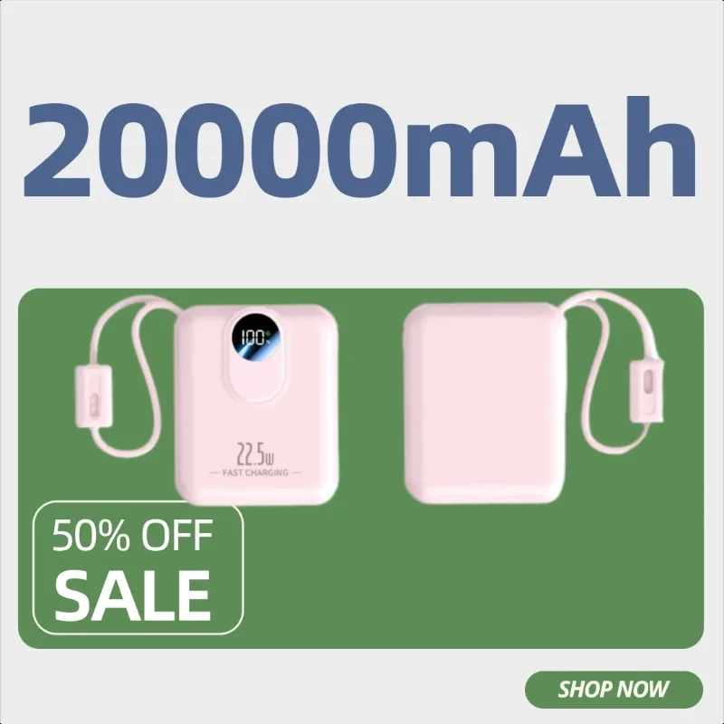 

New Super Fast Charging Power Bank with Built-in Cable 20000mAh Compact and Portable High-Capacity External Battery