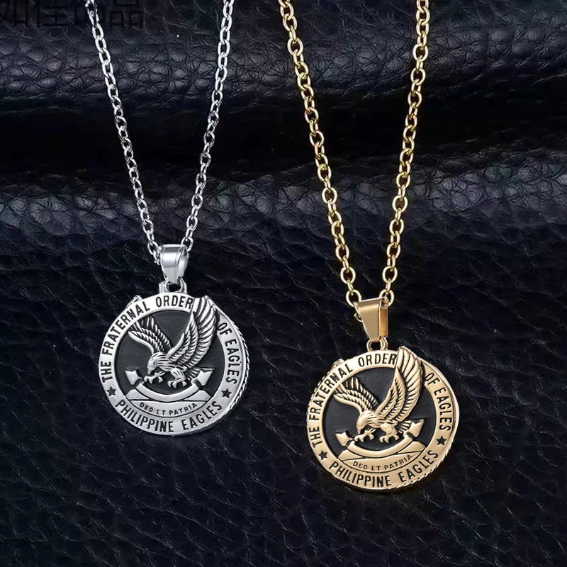 Vintage Philippine Eagles Pendant Necklace Stainless Steel Chain Gold Plated Pendant Necklaces for Man Charm Jewelry Accessories