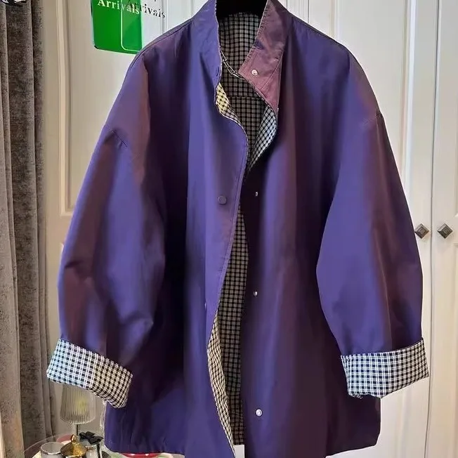 

Autumn Winter plus Size 300 Pou Two-Sided Wear Contrast Color Plaid Loose Fit Stand Collar Men's And Women's Windbreaker J...