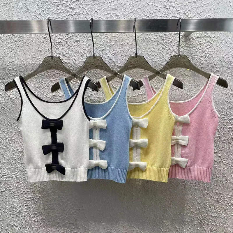 

Сексуальный трикотажный топ на бретельках для женщин с 3D-узлом и цветовыми блоками, летний, милый, в стиле принцесс