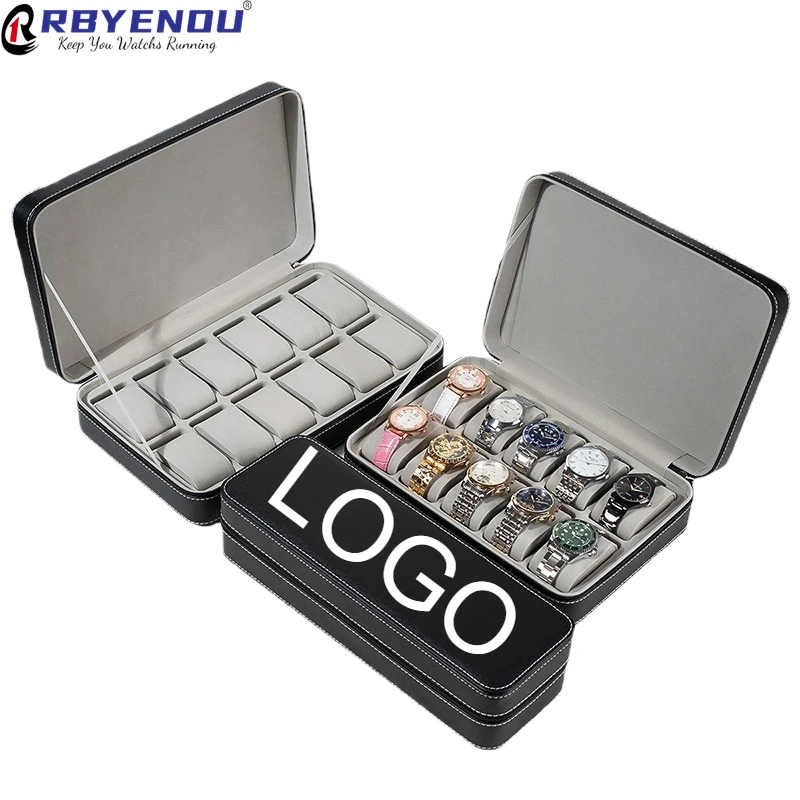 Easy Portable 6 Slots 10 Slots 12 Slots Pu Leather Zipper Watch Case Box Flip Cover Watch Jewelry Storage Box Customizable Logo