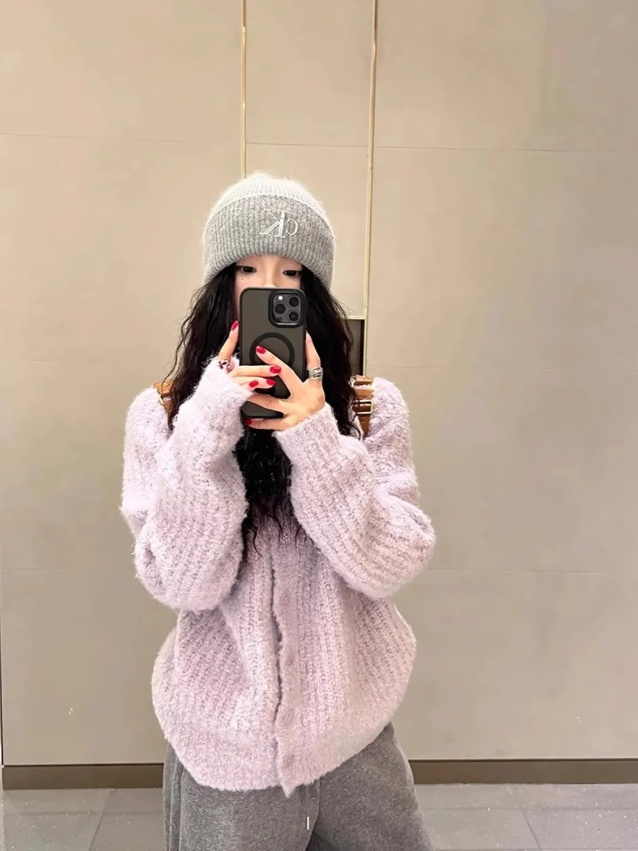 

Корейский вязаный свитер с высоким воротником, фиолетовый, женский, свободный, средней длины, в стиле lazy, уникальный модный кардиган-пальто для зимы