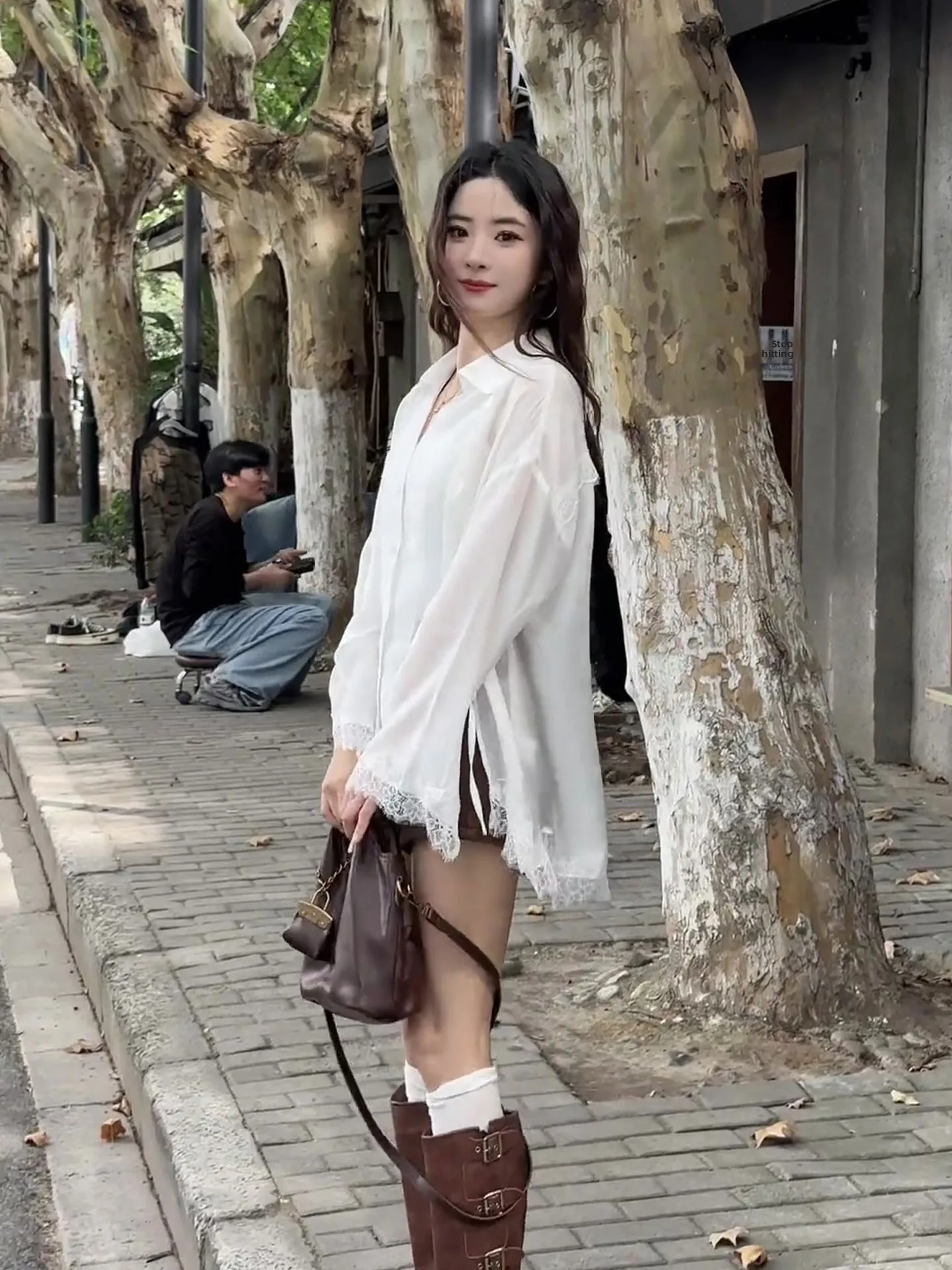 

Ele Lace Splice Long Sve irt Women's Belt Design Summer Top Korean Sle Straight Cut Silk Material Collar