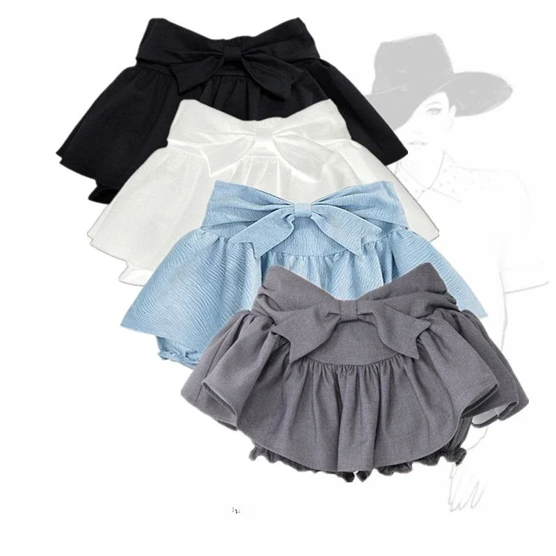 High Waist Bow Puffy Short Skirt Women A-line Solid Color Pleated Long Leg Effect Sweet Cute Korean Y2K Slim Mini Cake Skirt