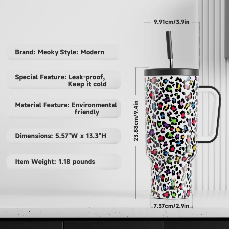 Meoky 40oz Cup Tumbler with Handle Straw New Prints Leopard Stainless Steel Coffee Cup Travel Water Bottle Leak-Proof Car Mug