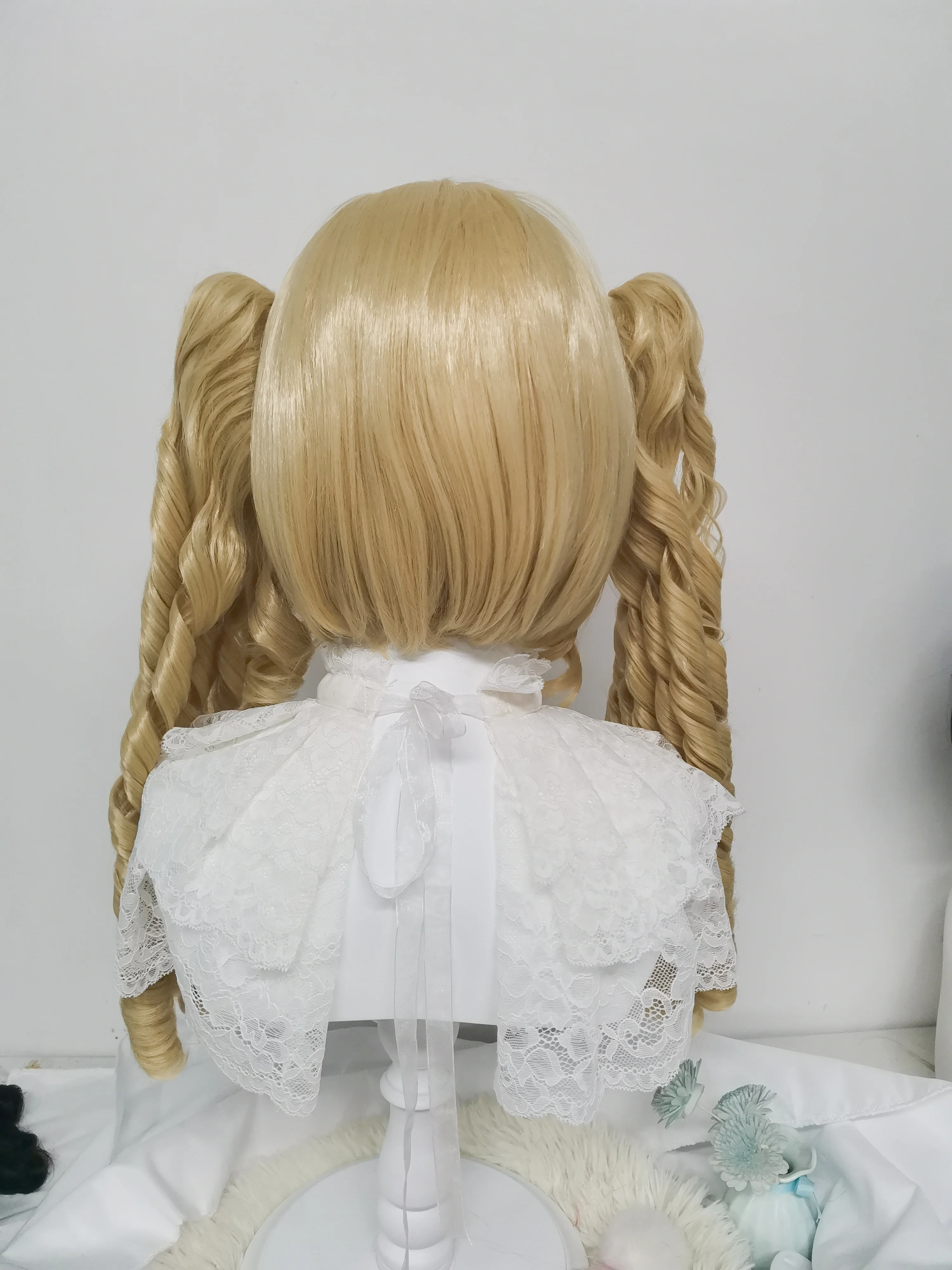 REEWES Twin Pigtails Roll Wig With Bang Black Synthetic Hair For Cute Doll Chic Teen Girls Cosplay Princess Halloween Cos
