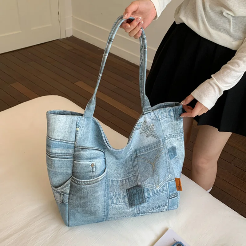 High Capacity Tote Women Japanese Style College Book Bag Vintage Denim Shoulder Bag Ladies Portable Travel Handbag Shopping Bag