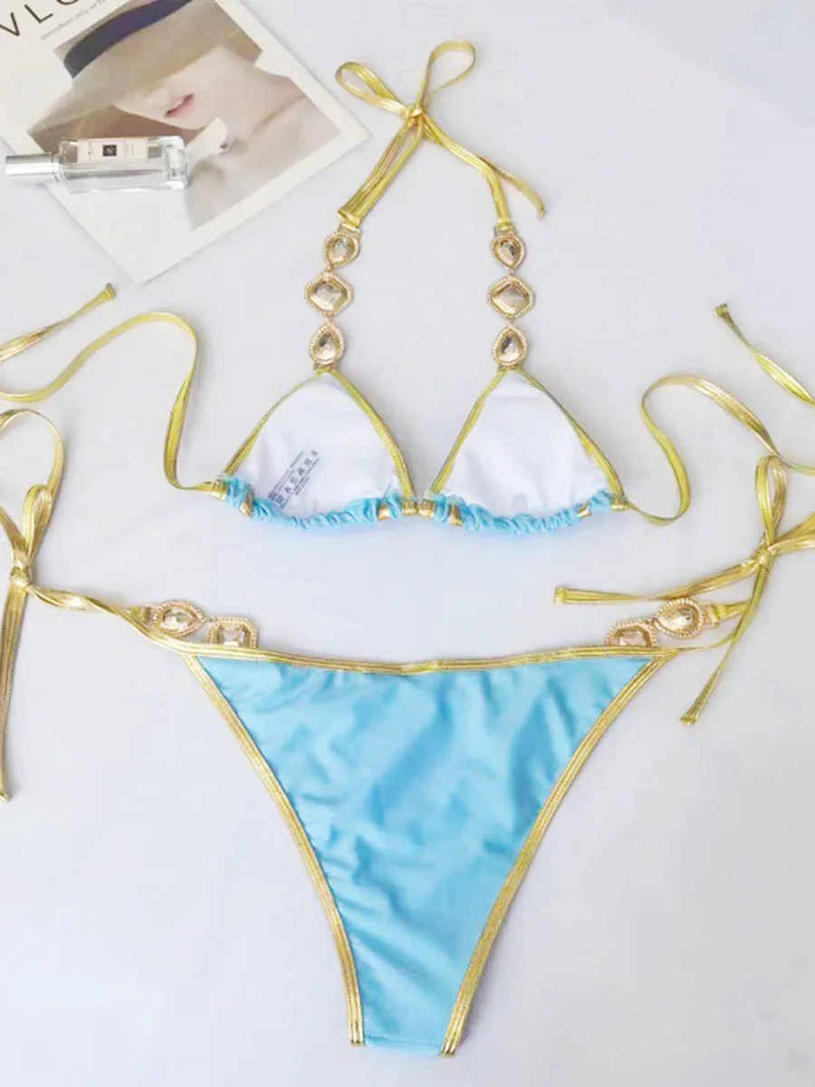 Halter kryształ Rhinestone diamentowe bikini 2024 damski strój kąpielowy damskie stroje kąpielowe dwuczęściowy zestaw bikini wysoko wycięty strój