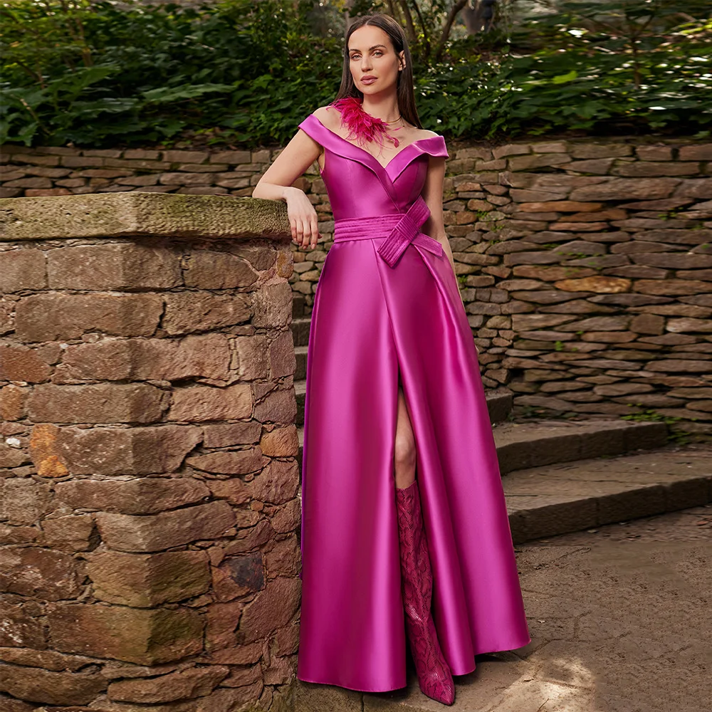 

Satin Evening Dress Long Off the Shoulder V Neck A Line Side Split Evening Gowns for Women Sleeveless Bow Belt Simple Prom Dress