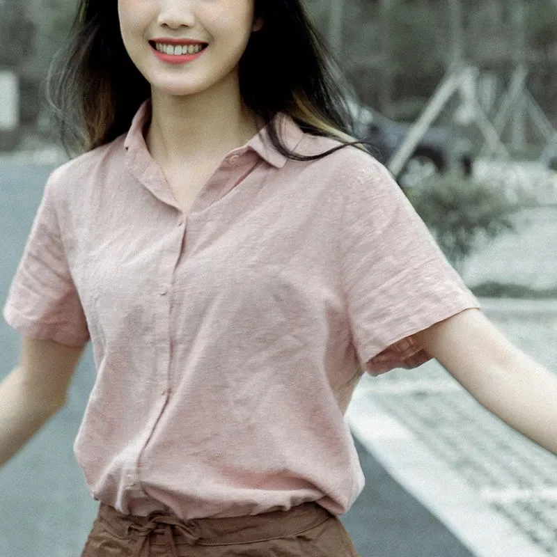 

Women's Casual Linen Short Sleeve Shirt Loose Fit Button Down Collar Summer Blouse