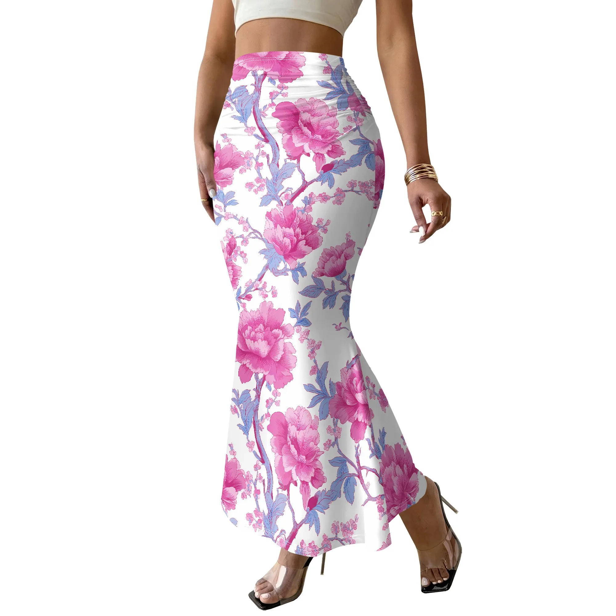 Floral Mermaid Skirt, Pink Peony Print Midi Skirt, Ruched Bodycon Skirt, Elegant Party Wear for Women, S-2XL