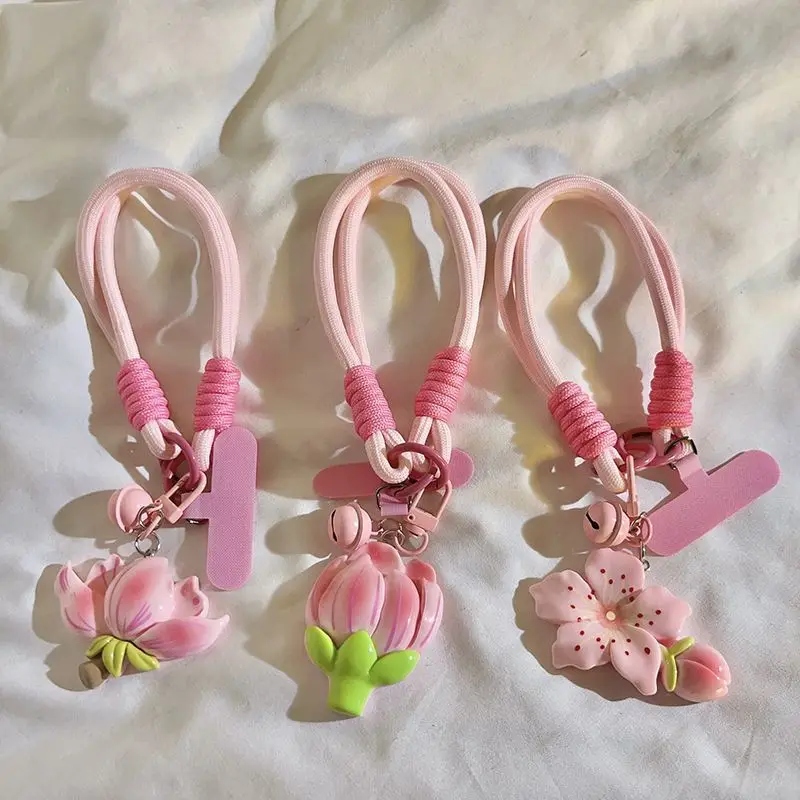 

Mobile Phone Lanyard New INS Sweet Pink Bell Lotus Flower Peach Blossom Tulip Pendant Bag Lanyard Chain Key Short Bracelet Chain