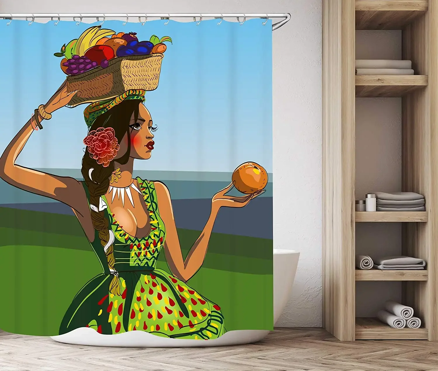 Get Orange Beautiful Woman Shower Curtain Young African Woman in a Green Dress with Fruit Basket Shower Curtain