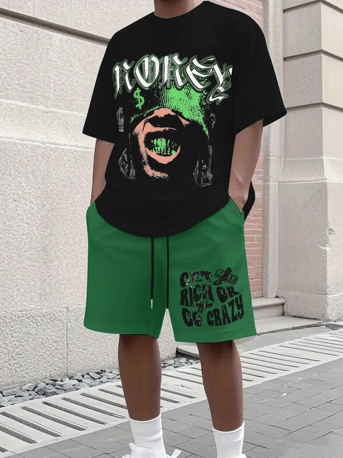 

Mens 3D Optical Illusion Tee with Waterproof Graffiti Print Shorts Street Style Set