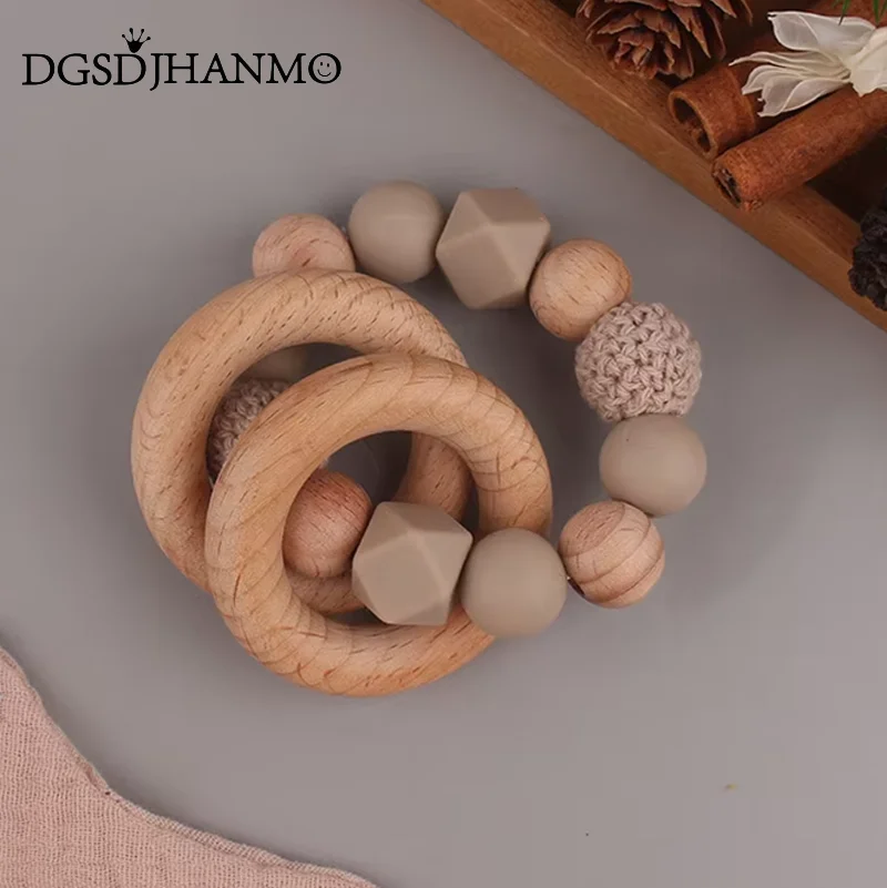 Baby Teether Rattle Bracelet Food Grade Silicone Beads Beech Ring-Shaped Pendant Teething For Chew Stroller Accessories Toys