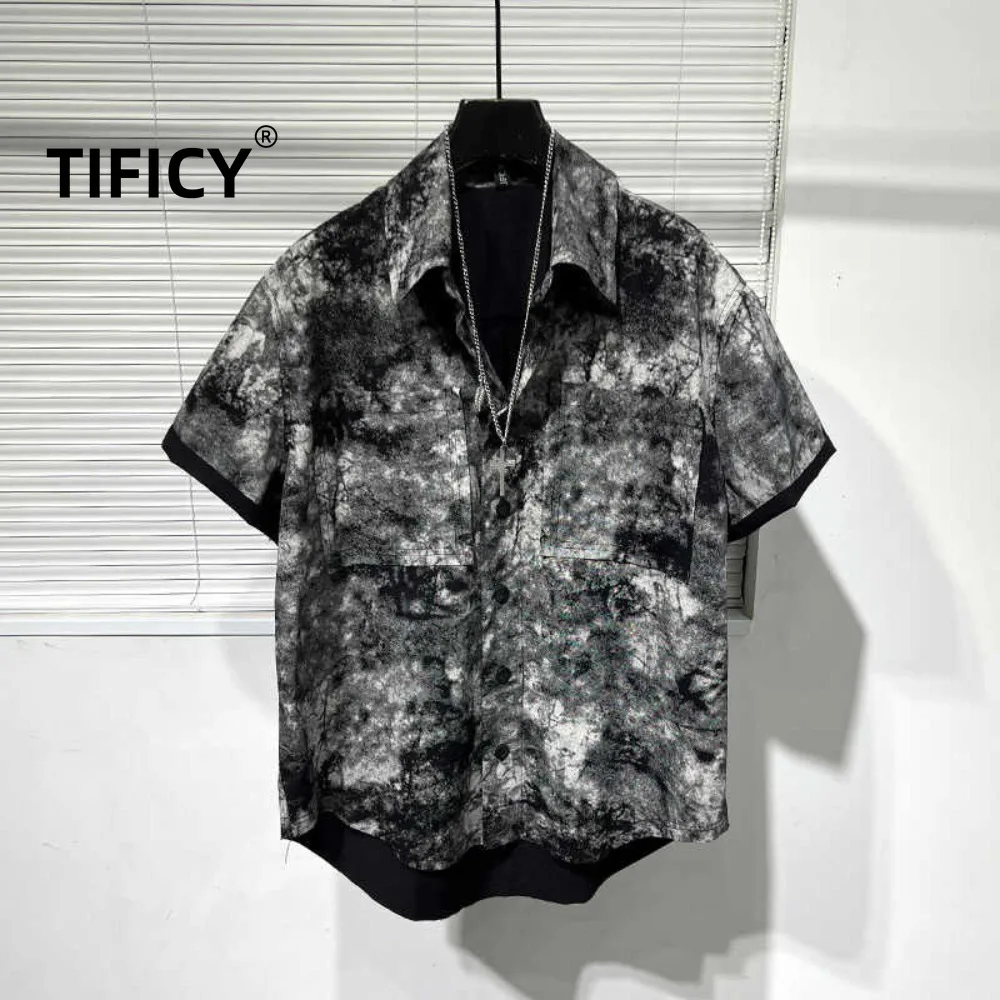 High Street Retro Vintage Shirt Men's Summer Floral Gray Ruff Handsome Lightweight Shirt Street Fashionable Top