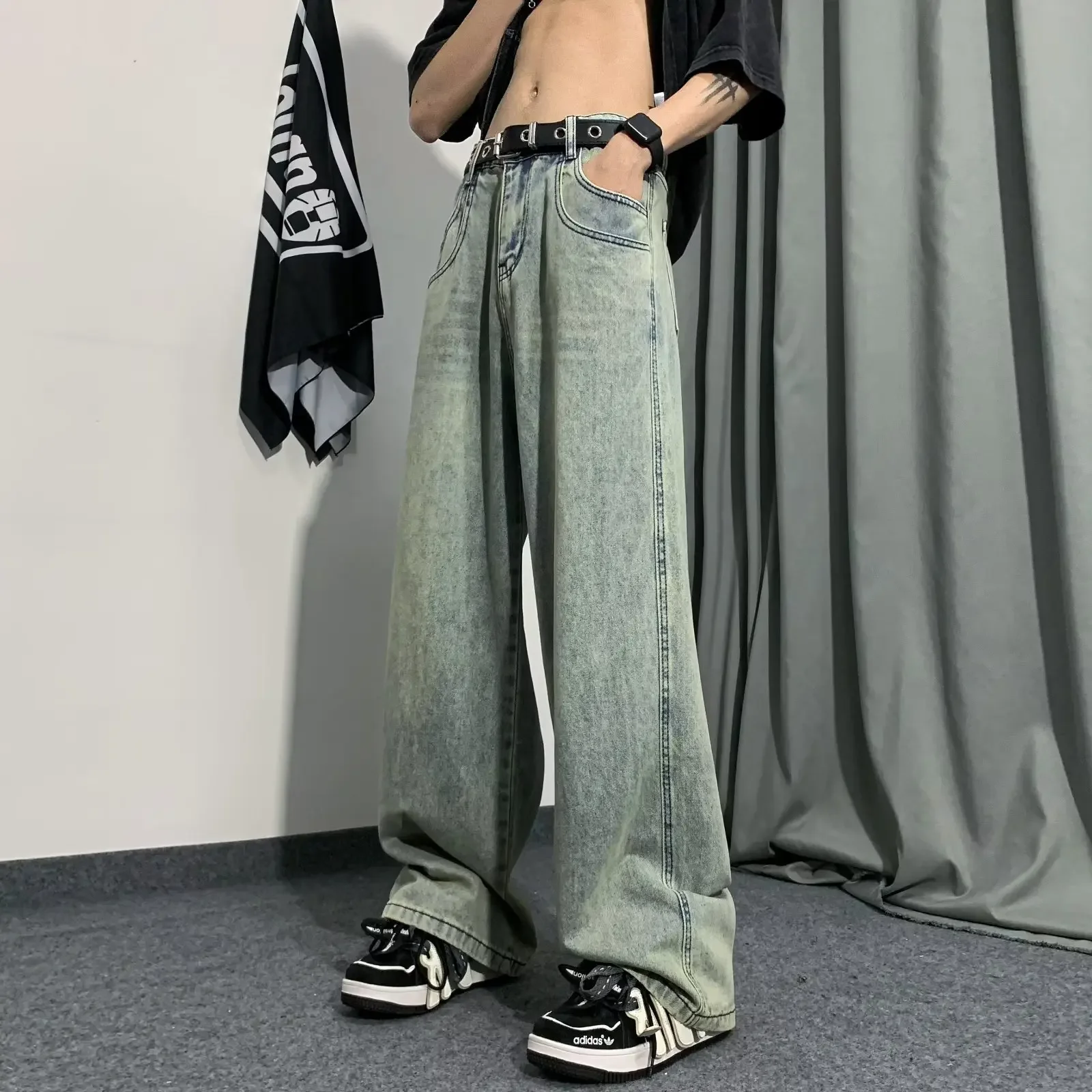 جينز فضفاض للرجال صيفي على الطراز القوطي هاراجوكو أساسي يومي عالي الشارع بسيط كامل الطول بنطلون دينم ملابس للمراهقين الهيب هوب مريح BF