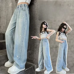 2024 Summer Explosions Thin Jeans Embroidered Wide-leg Pants, Girls and Children Light Blue Love Embroidered Loose-leg Jeans.