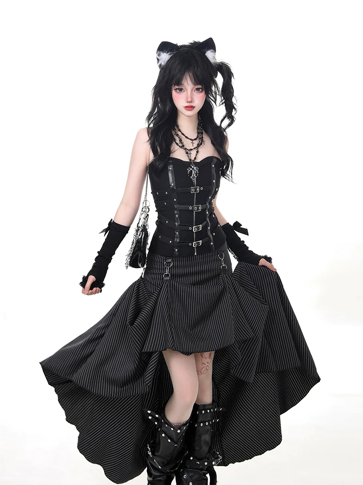 REDDACHiC Leather Harness Corset Skirt Set Belted Strapless Tube Top Maxi Long Hi-Lo Stripe Suit Skirt Goth Retro Woman Clothes