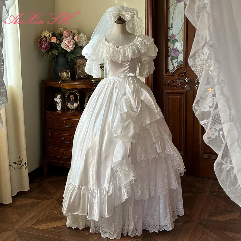 

AnXin SH princess white satin ruffles flower lace o neck puff short sleeve beading bow pink lace up customized wedding dress