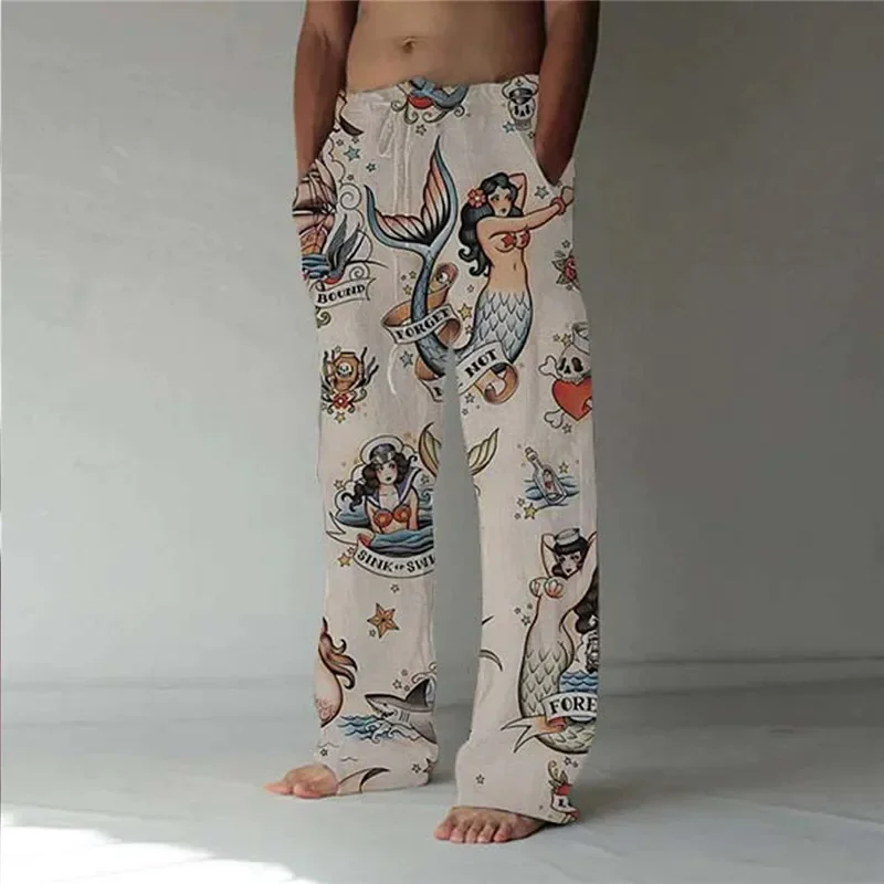 2025 Summer Men's 3D Printed Wide Leg Pants, Hawaiian Style Beach Vacation Casual Loose Fashion Trend