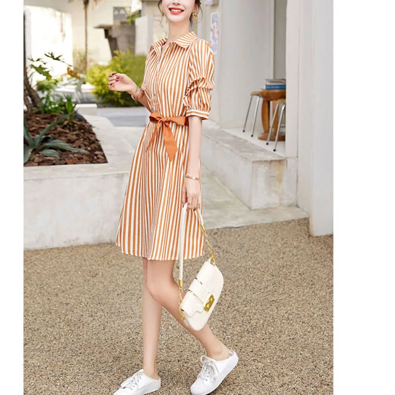 Commuter Minimalist Summer New Women's Square Collar Button Striped Elegant Trendy Slim Comfortable Half Sleeve Lacing Dress