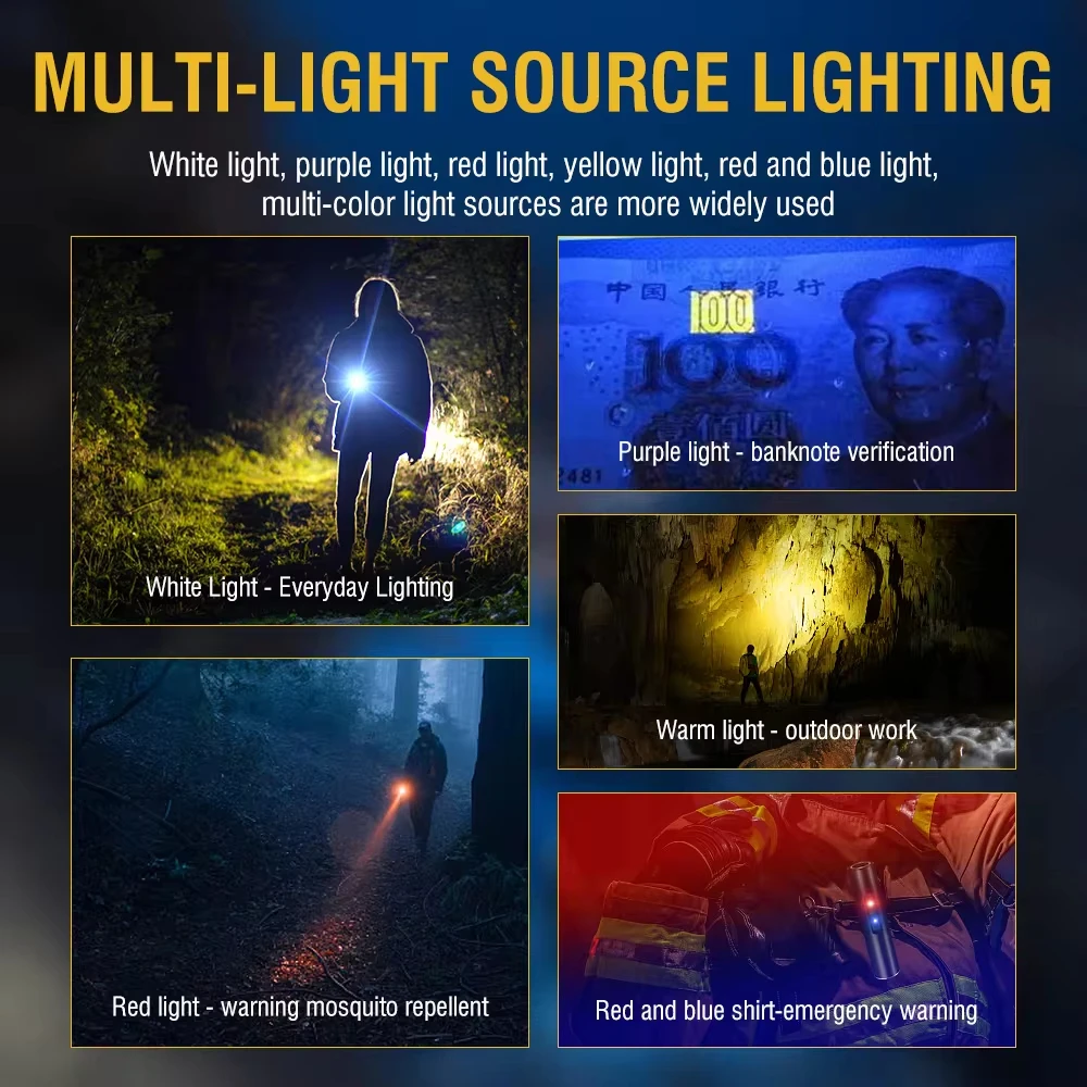 Mini LED EDC Flashlight Rechargeable Lamp Waterproof With Magnet UV Pocket Light Hiking Fishing Camping Hunting Zoomable Lantern