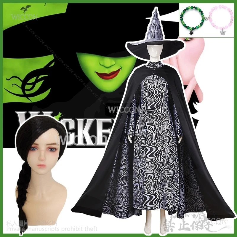 Anime Movie Wicked Cosplay Elphaba Costume Black Witch Dress Goth Lolita Hat For Woman Girls Wigs Full Set Customized Cos