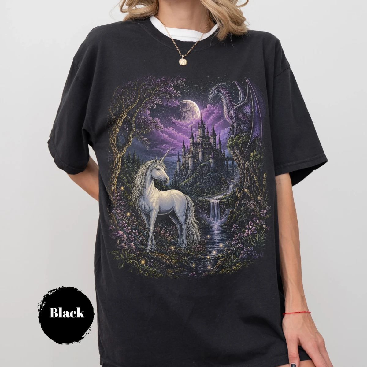 90er-Jahre-Fantasy-Einhorn-Shirt, Magisches Pegasus-Muster T-Shirt, Mittelalterliches Schloss-Drachen-Kostüm, Geschenk im Märchenland-Landhausstil – Detail 2