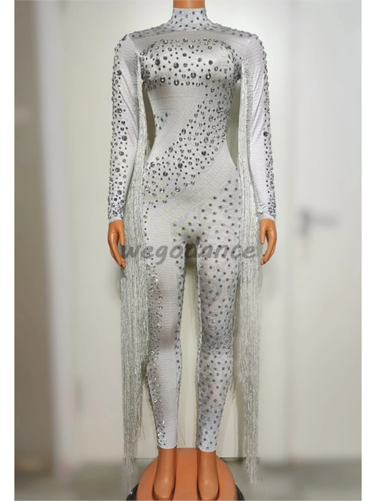 Sexy Tassel Rhinestones Jumpsuit For Women Long Singer Performance Costumes