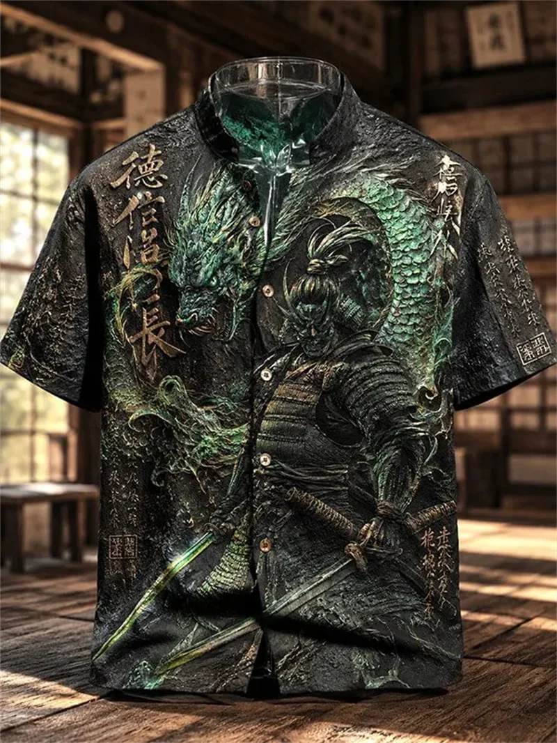 

New light grey Chinese ink wash bamboo branch, bird print, lapel, wooden buckle, men's Zen short sleeved shirt
