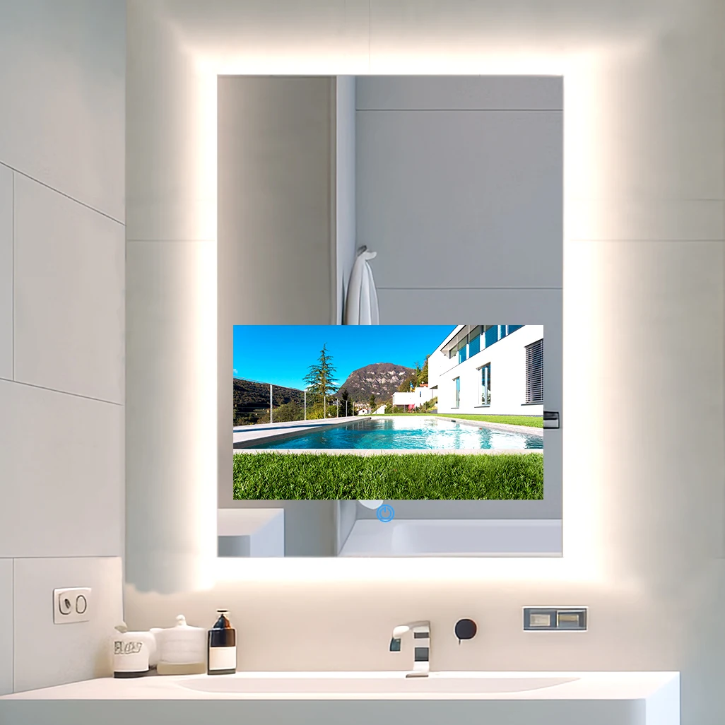 One Piece Customized Mirror With LED Light And Touch Screen TV Tri-color Adjustable Light Ideal For Salon And Bathroom Mirror TV