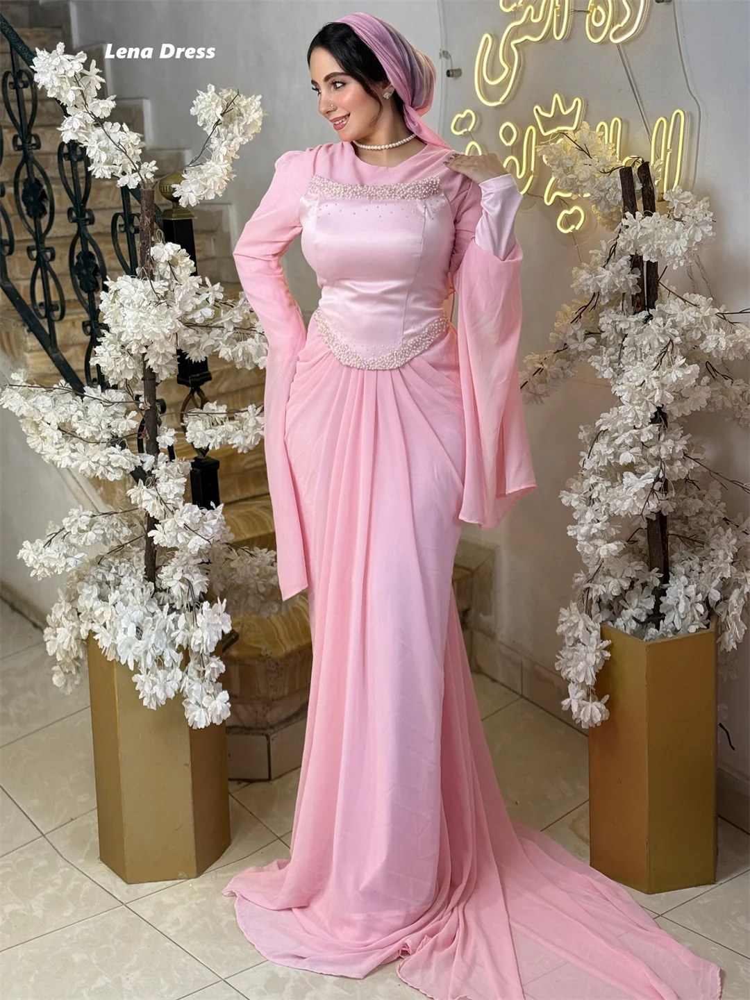 레나 맞춤 제작 고급 파티 드레스 여성용 2025 긴 소매 웨딩 이브닝 드레스 우아한 파티 드레스 여성용 2025 핑크