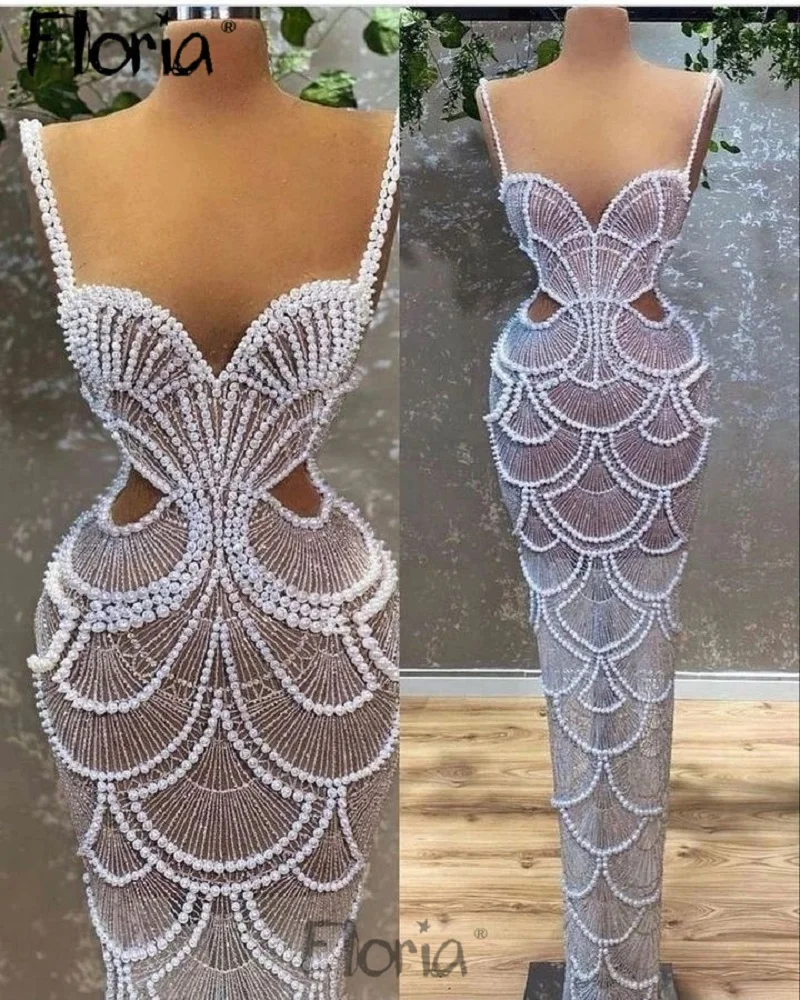 Elegante Volledige Parels Feestjurk Spaghettibandjes Sweetheart Schede Jurk Glitter Maxi Avondjurken Formele Gelegenheid Jurk