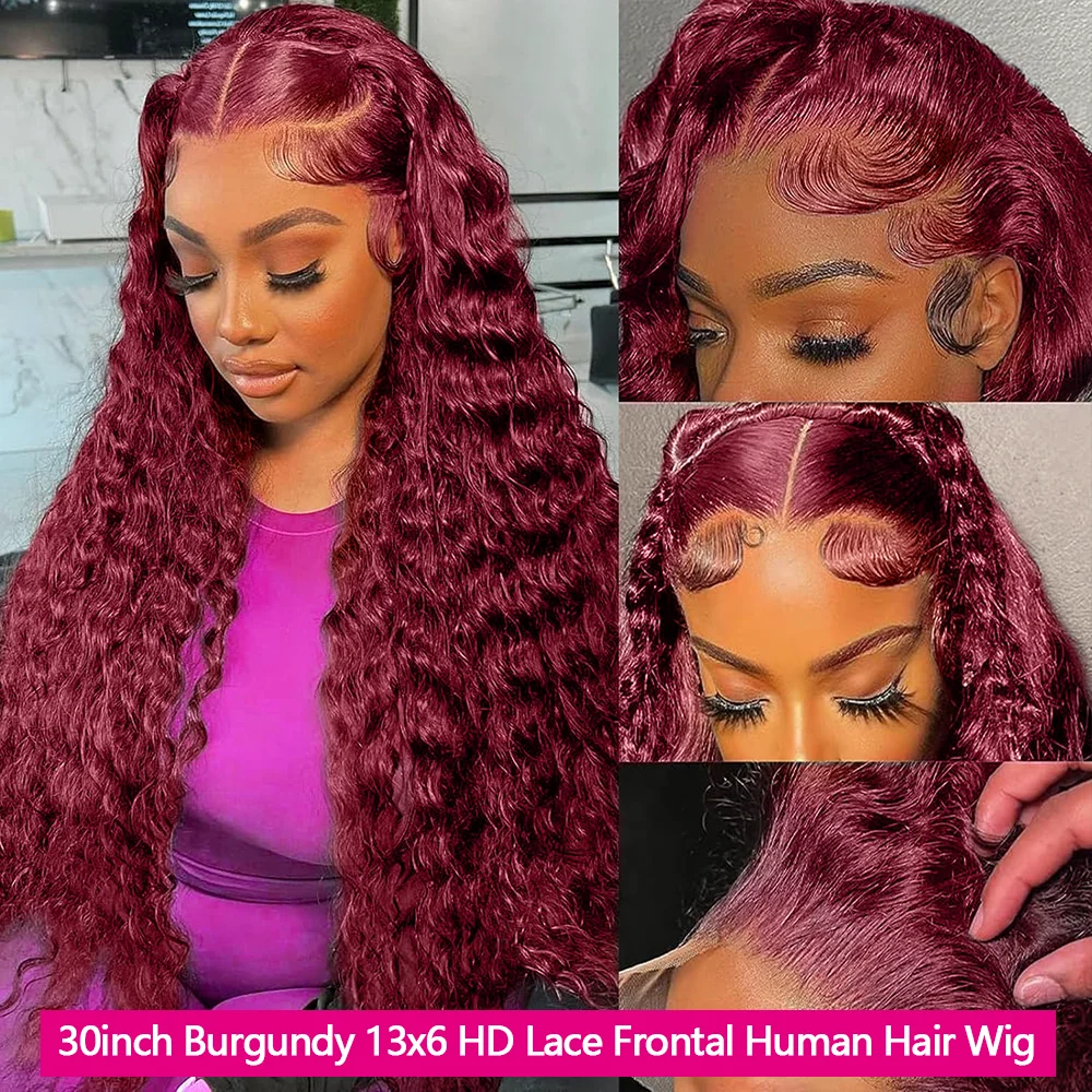 30 Inch Burgundy 13x6 HD Lace Frontal Human Hair Wig 200 Density 12A Burgundy Human Frontal Lace Wig 99J Curly Wigs Human Hair