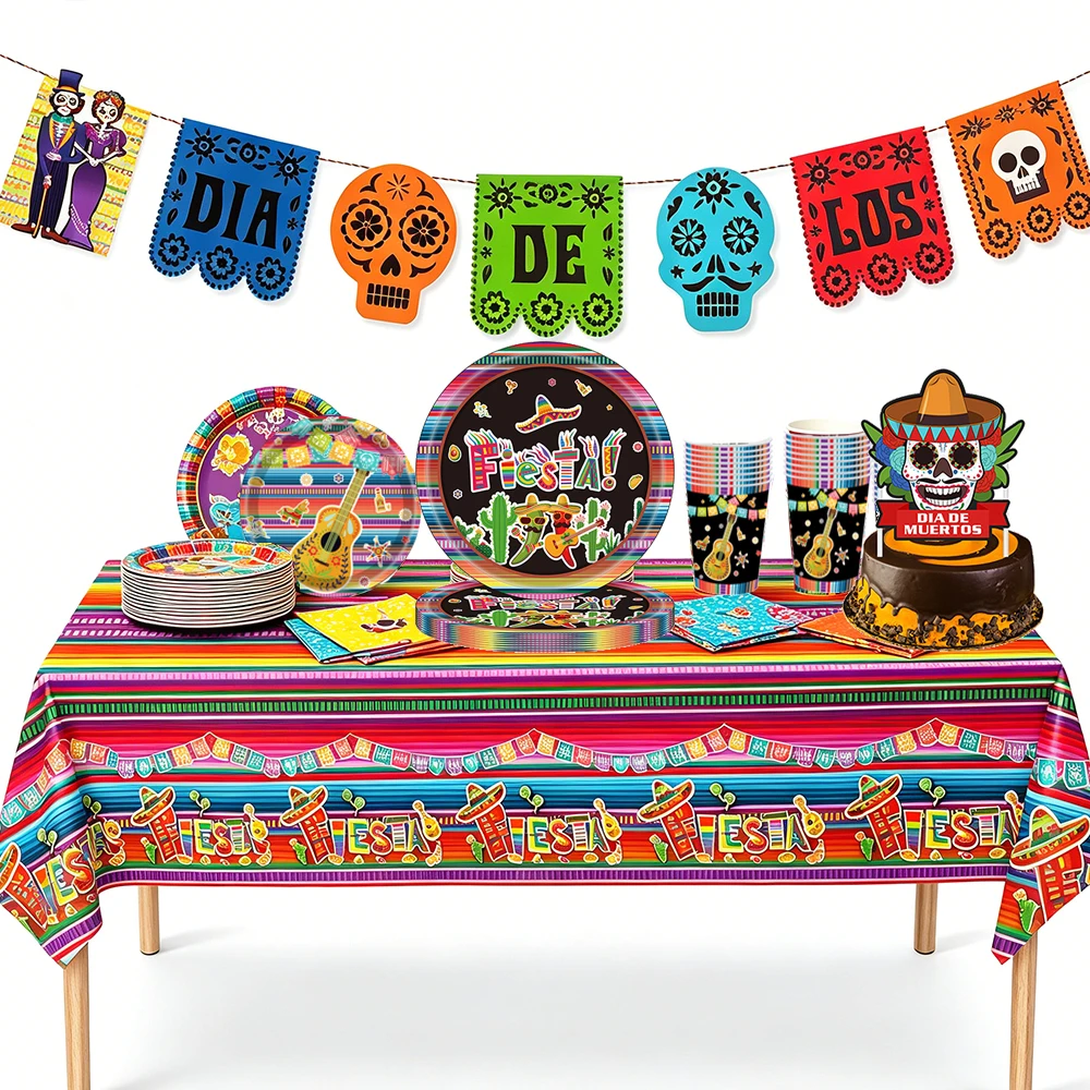 Artículos para Fiesta Mexicana, Día de Muertos, Vajilla Desechable, Platos, Vasos, Servilletas, Pancarta, Decoración para Pastel, Fiesta del Día de los Muertos