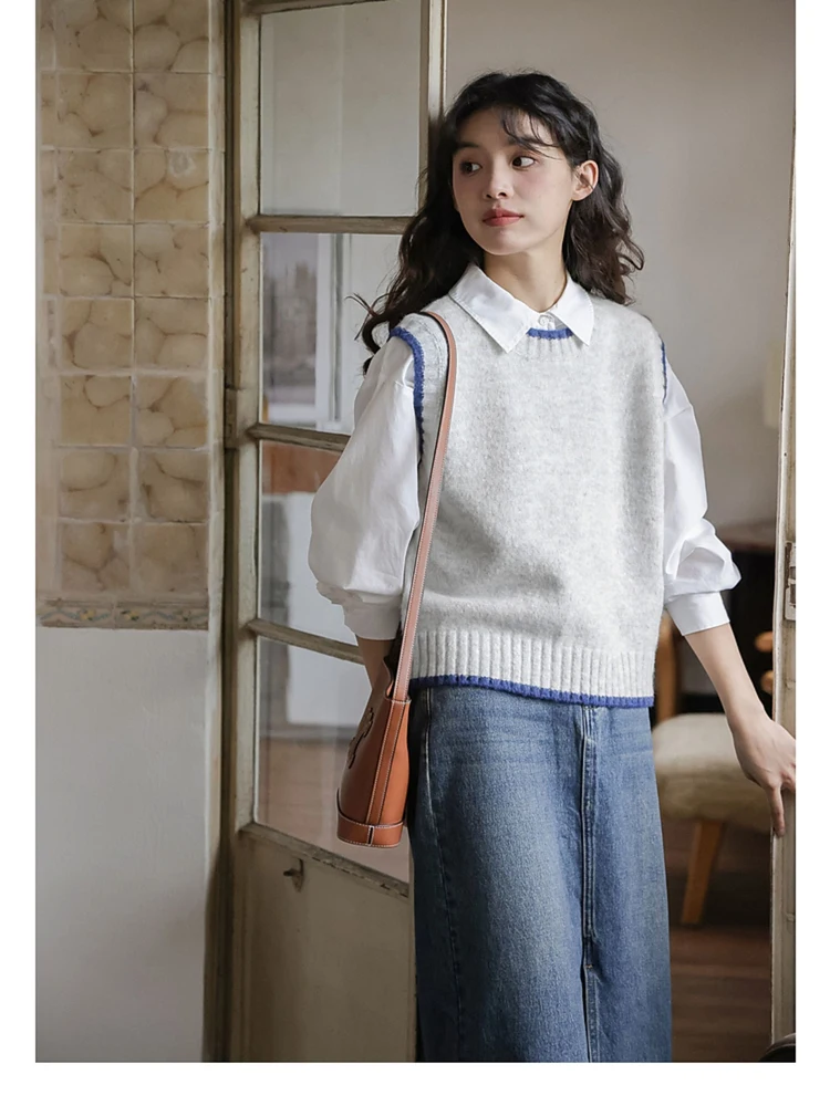 

ay Knitted Vest Women's Autumn Winter Vintage Color Blo round Ne Svel Tank Top Versatile Layering Sweater Top