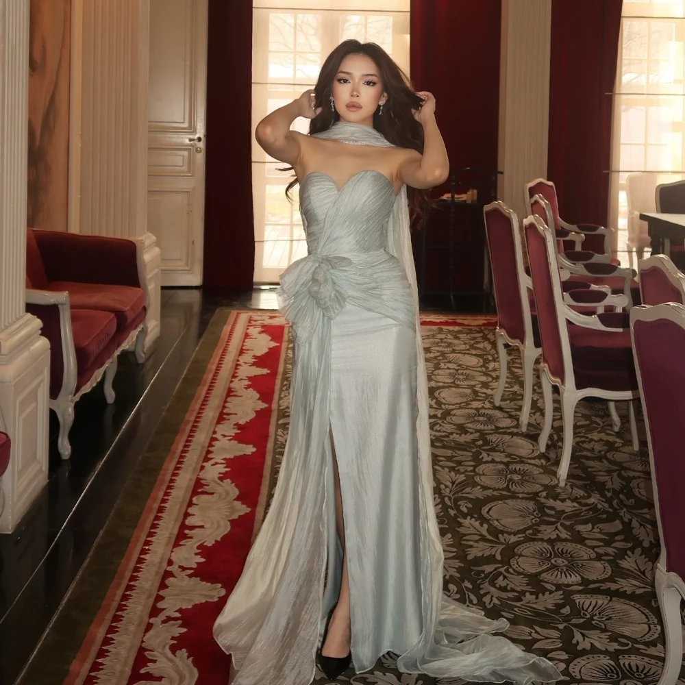 

Customized Matching Unisex Pleat Ruched Handmade Flower Mermaid Sweetheart Floor-Length Evening Dresses Fashion