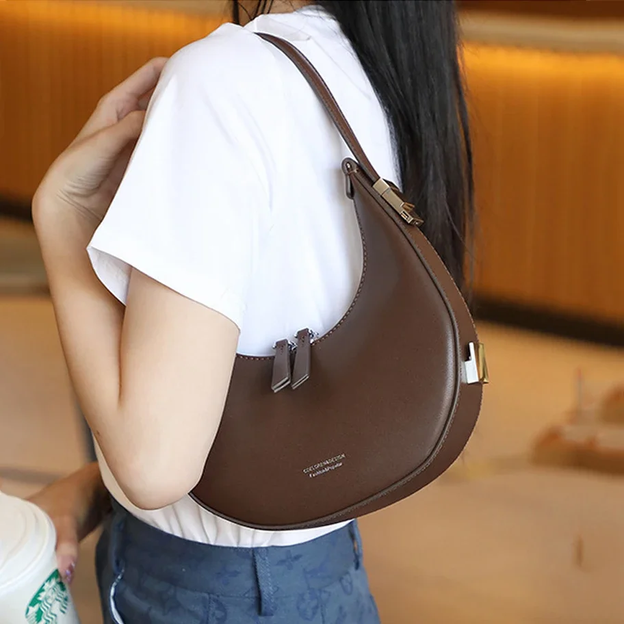 New Semi-circular Wrist Handbag Women's Female Split Leather Elegant Moon Design Underarm Lady Luxury Shoulder Bag