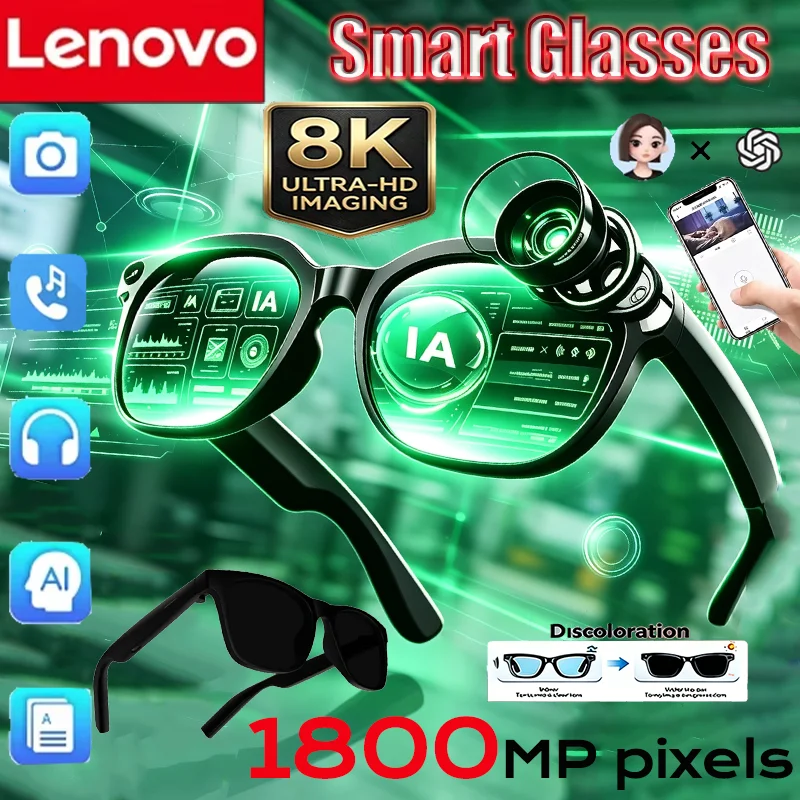 

Lenovo 1800MP 8K AI Smart Sunglasses Multifunctional Translate Music Player Bluetooth Call Voice Assistant Photochromic Glasses