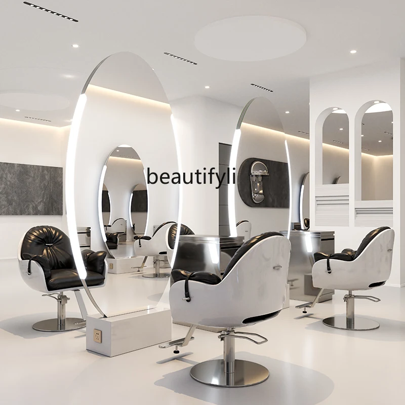 Barber Shop Mirror Single Double-Sided Full Body Floor Mirror with Light Stainless Steel Scissor Hair Mirror Hair Salon