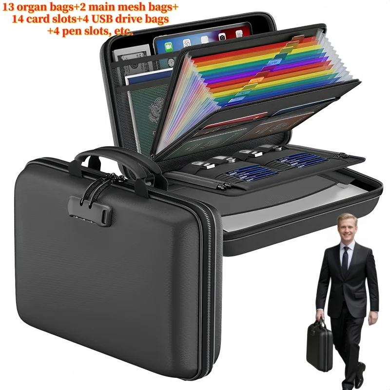 

Fireproof Document Bag with Lock 13 Accordion Pocket Safety Organizer Zipper Waterproof Money Pouch Multi-Layer Card Case Travel