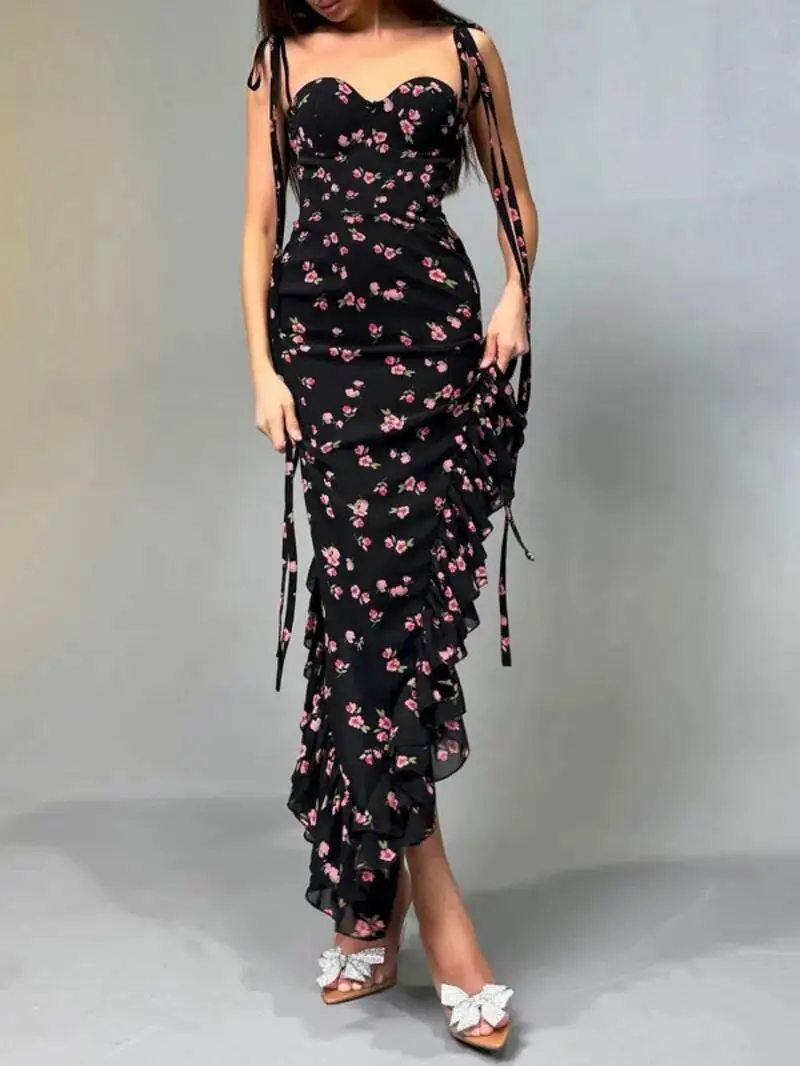 Vestido largo elegante ajustado sexi con volantes irregulares y cordones con espalda descubierta y estampado Floral para mujer, trajes de verano para fiesta de cumpleaños