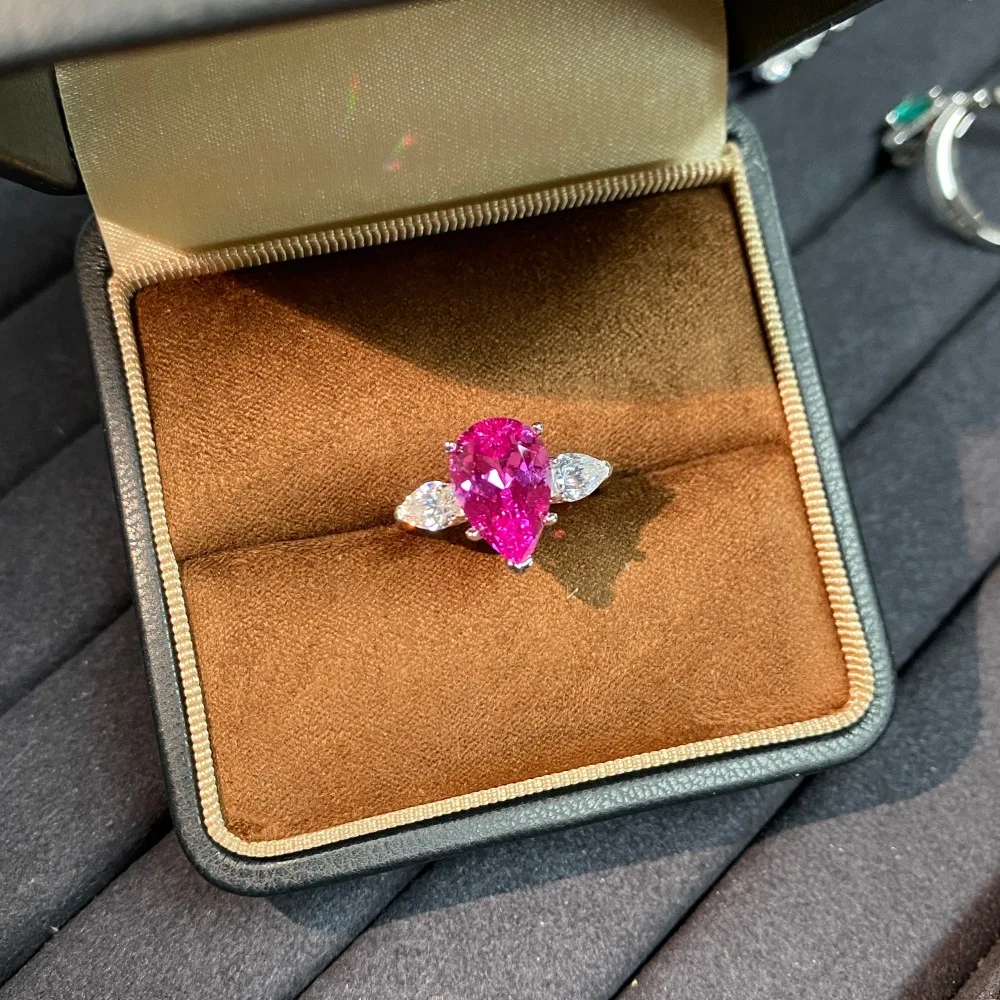 Cultivated Pink Sapphire S925 Sterling Silver Ring Women's Three Stones Light Luxury Niche Design High-end Ring
