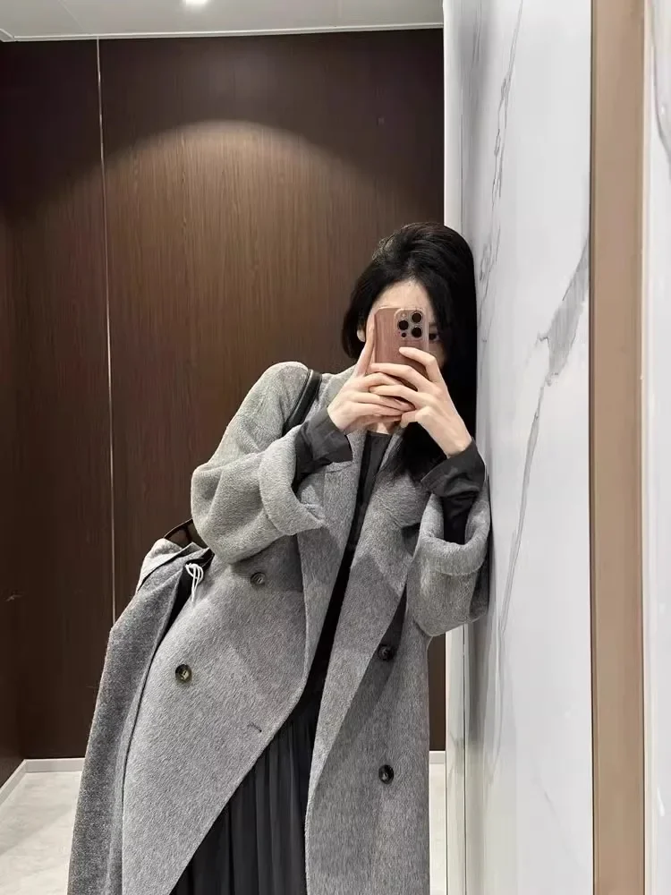 

MiiiiX Elegant Solid Mid-length Woolen Coat Women's Autumn Jacket 2024 New Loose Double Breasted Lapel Outerwear Female Clothes