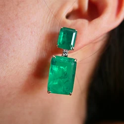 KQDANCE Top Quality Real 925 Sterling Silver Rectangle Simulate Diamond Gemstones Green Emerald Earrings Fine Jewelry For Women