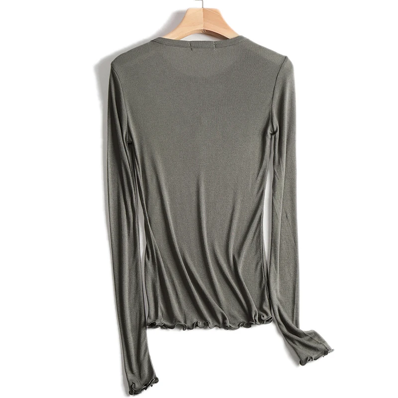 T-shirt Slim con scollo a v profondo in maglia di cotone T-shirt Sexy con bottoni sul davanti Ruffles manica lunga autunno elegante T-shirt da donna See Through
