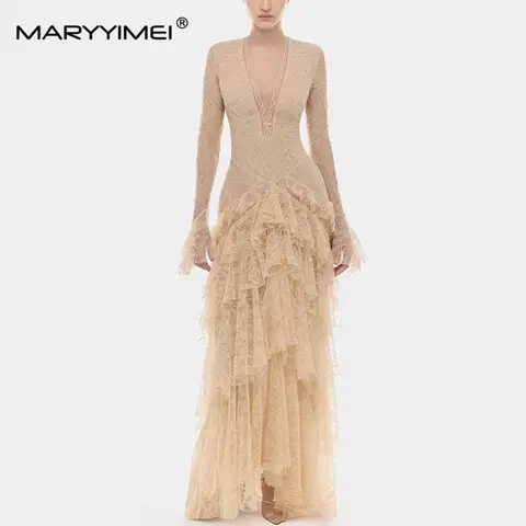 MARYYIMEI Spliced ​​lace ruffle ceremonial dress v-neck long-sleeved waist cake dress 2026 summer fashion women's new style
